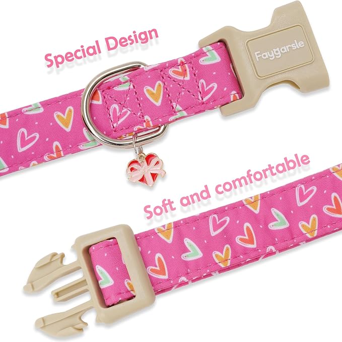 Faygarsle Valentine's Day Dog Collar, Pink Heart Pattern with Metal D-Ring and Heart Charm, Adjustable Pet Collar for Small Medium Large Dogs XS