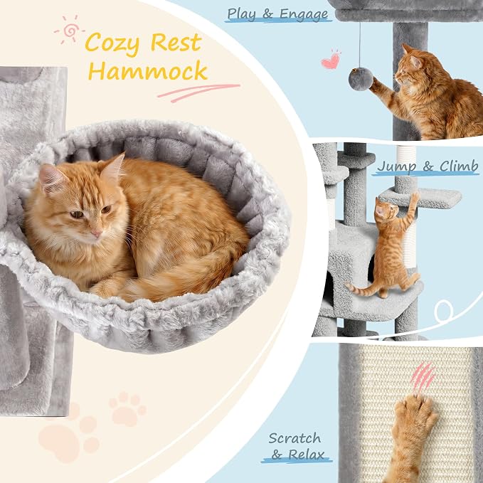 SHA CERLIN 82 inch, Multi-Level Cat Tree Tower for Indoor Cats, Cat Condo with Sisal Scratching Posts, Plush Perches, Hammocks, Toy Balls，Grey