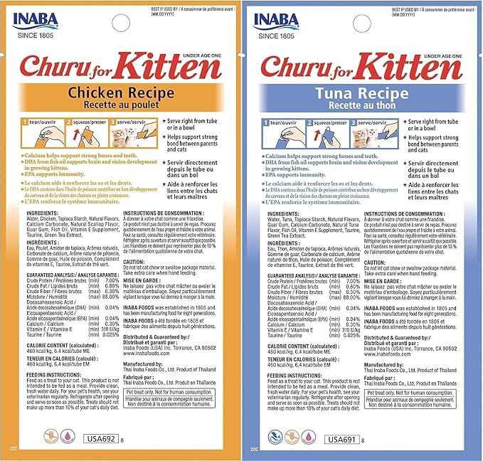 INABA Churu for Kittens, Creamy, Purée Lickable Cat Treats with DHA, EPA, Vitamin E & Taurine, 0.5 Ounces Each, 48 Tubes (4 per Pack), Tuna and Chicken Variety