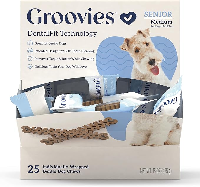 Groovies Gentle & Flexible Senior Dog Dental Chews, Contact-Cleaning Design Supporting Tartar Control & Fresh Breath, Oral Care Treats, USA Manufactured, Patented DentalFit Tech, XLarge Dogs, 4 Chews