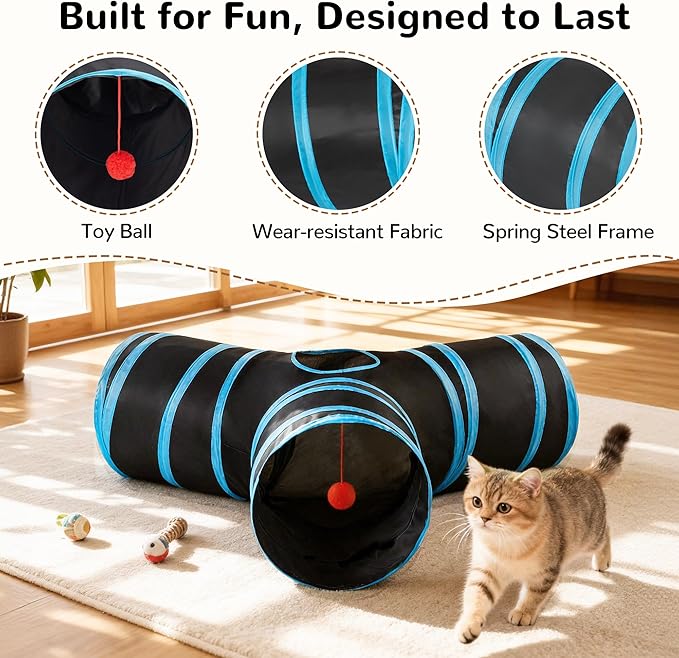 Tempcore Pet Cat Tunnel Tube Toys 3 Way Collapsible, Tunnels for Indoor Cats, Interactive Tube with Teaser Wand, Peek Holes & Hanging Ball, Black & Blue