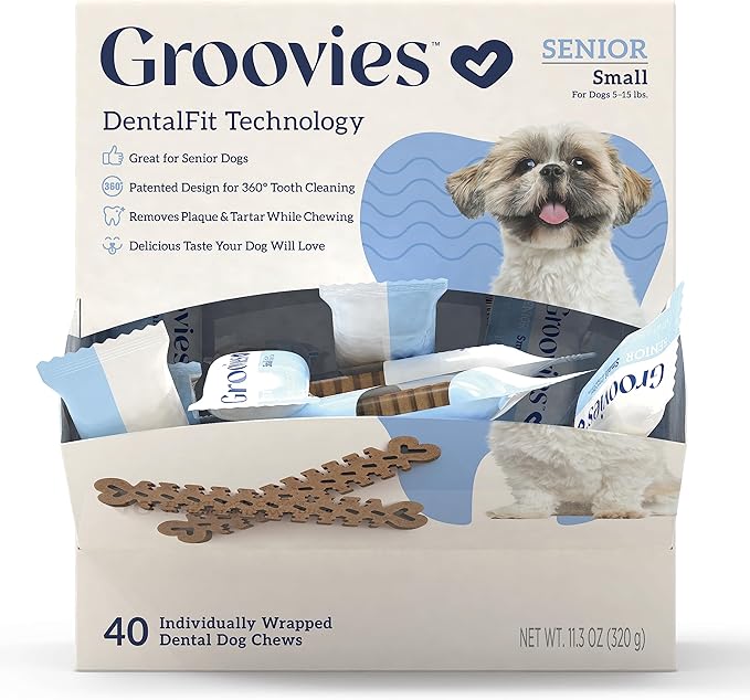 Groovies Gentle & Flexible Senior Dog Dental Chews, Contact-Cleaning Design Supporting Tartar Control & Fresh Breath, Oral Care Treats, USA Manufactured, Patented DentalFit Tech, XLarge Dogs, 4 Chews