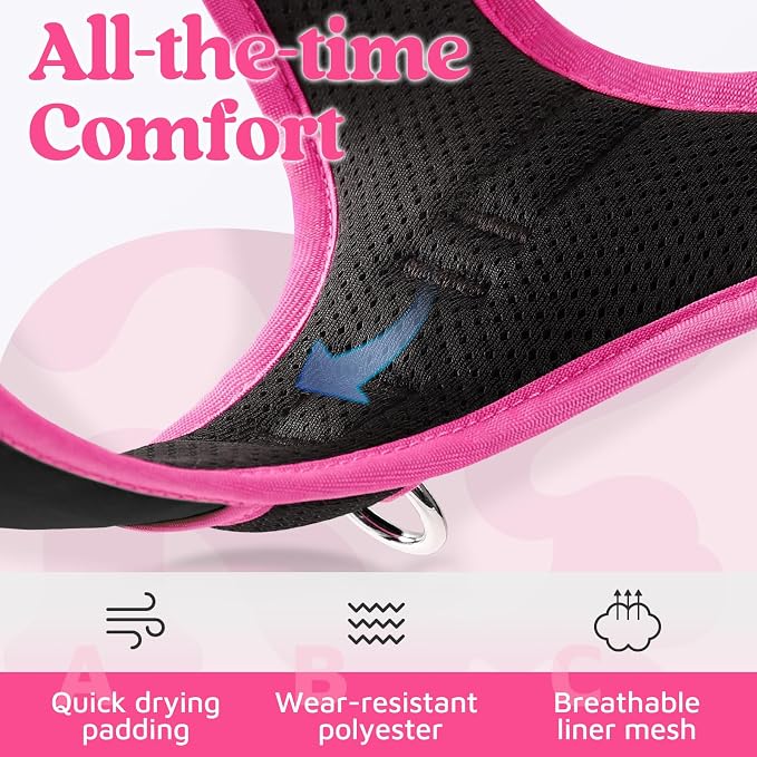 rabbitgoo Dog Harness for Large Dogs, 3 Buckles Easy On & Off No Pull Pet Vest, Soft Padded Walking Pet Harness with Control Handle, Adjustable and Reflective, Black & Rose Pink, L