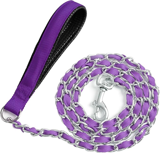 Heavy Duty Metal Dog Chain Leash with Comfortable PU Leather Padded Handle, Chew Proof for Medium Large Pooch Walking Training (6FT 3.5mm Purple)
