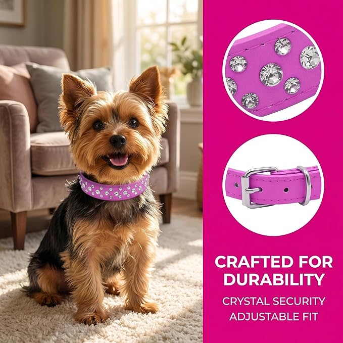 Rhinestone Dog Collar, Bling Rhinestone PU Leather Crystal Diamond Pet Dog Cat Puppy Collar Black S M L XL (S, Pink)
