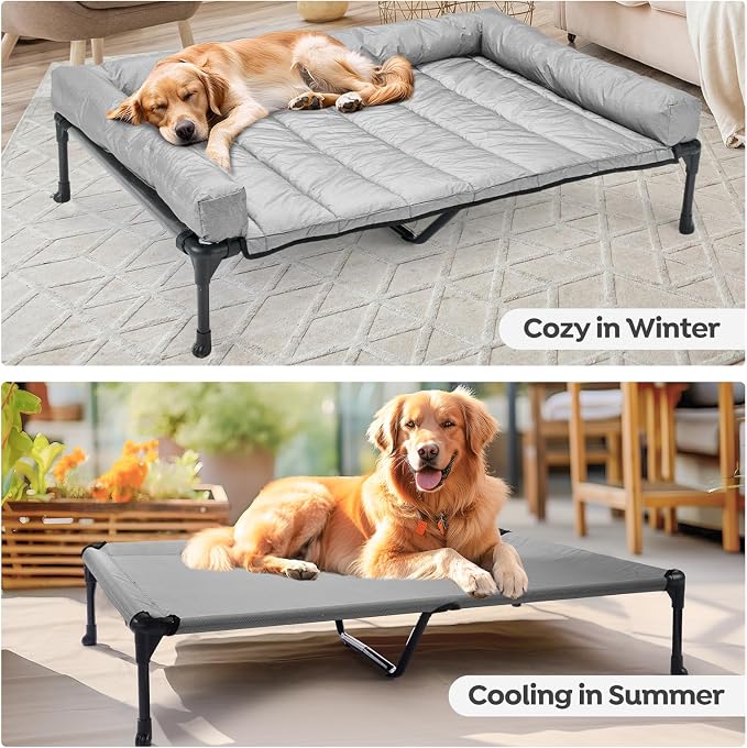 Veehoo Cooling Elevated Dog Bed Add Removable Waterproof Bolster Cushion Mat, Raised Pet Cot with Breathable Teslin Mesh, No-Slip Feet, Dog Couch Bed for Indoor Outdoor, 42x30inches, Grey, CWC2331B