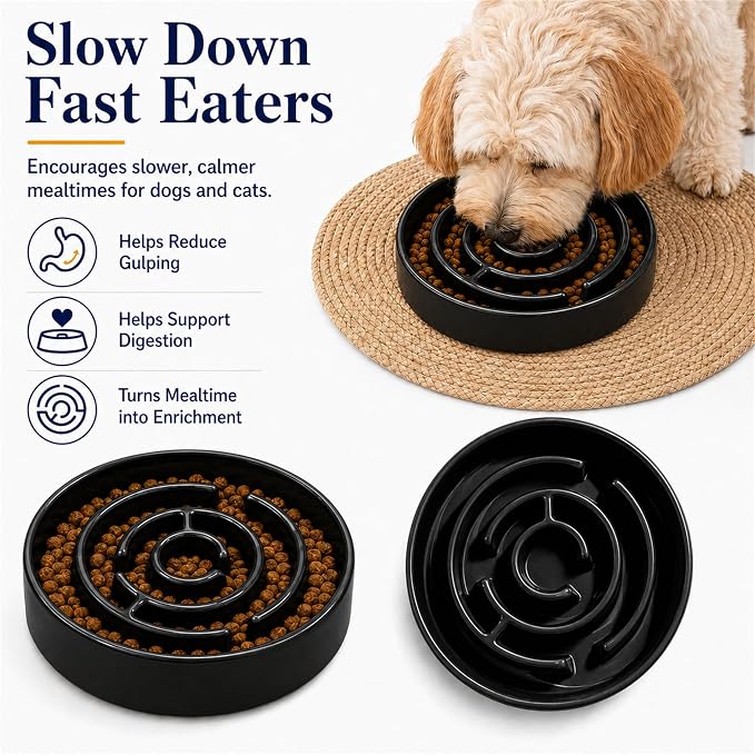 Slow Feeder Dog Bowls, Silicone Dog Bowl with Anti-Slip, Slow Feeder & Non-Slip Design, Boredom and Anxiety Reducer, Suitable for All Breed Dogs and Cat (Ceramic-Black)