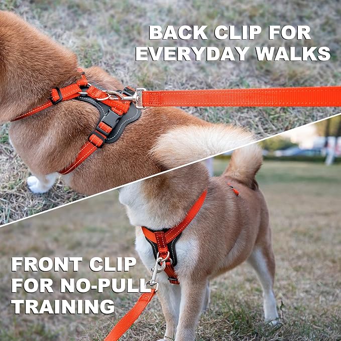 Plutus Pet Adjustable No Pull Dog Harness with Leather Accents, Heavy Duty Reflective Nylon Vest for Training, Hiking, Easy Walk Harness for Small, Medium, Large Dogs (Orange, S)
