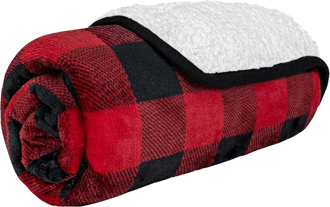 PETAMI Sherpa Fleece Waterproof CAT and Dog Blanket, Checkered RED, Small