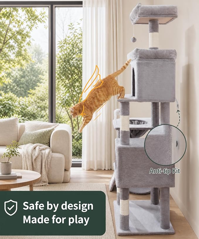 68 Inches Heavy Duty Cat Tree for Indoor Cat, Big Cat Tower with Sisal Scratching Posts and Top Perch, Large Platform for Adult Cats, PMT02GY, Grey