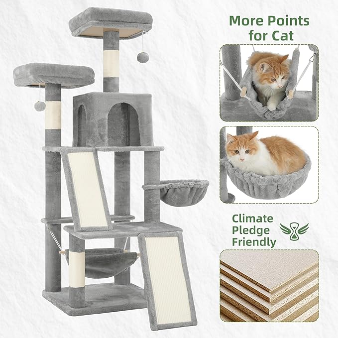 Gitelsnour Multi-Level Cat Tree for Indoor Cats, Cat Tower with 2 Scratching Boards, 2 Plush Padding Platforms, Cat Condo House with Hammock, Basket, Light Gray GCT022W