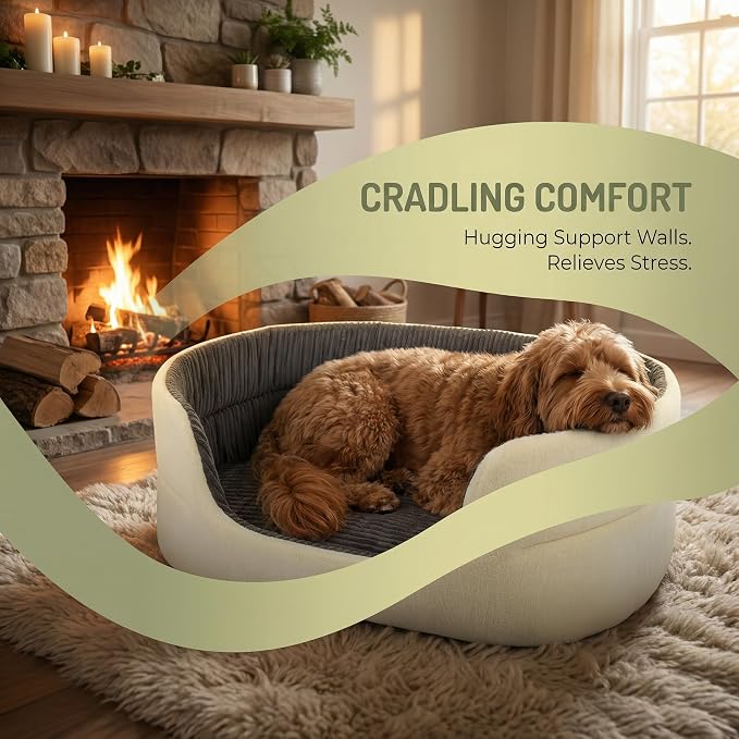 Small Dog Bed Cat Bed 16x20 Inch, Calming Pet Bed for Dogs & Cats, Machine Washable Dog Bed, Half-Enclosed Open-Top Velvet Anti-Anxiety Bed, Cozy Snuggle Bed (White)