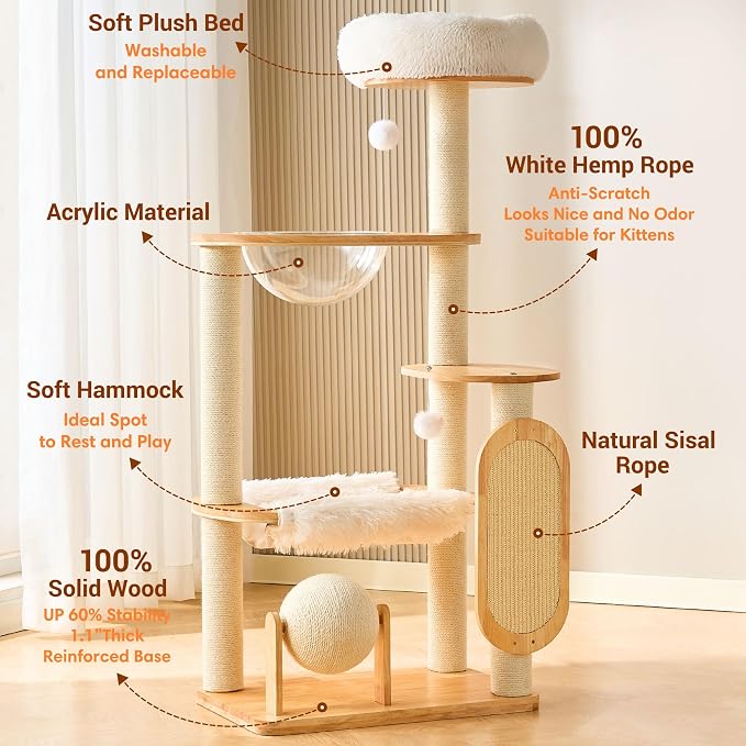 HITTITE Solid Wood Cat Tree Tower with Scratching Post, 53 Inches Tall Cat Towers with Scratching Board and Scratcher Ball, Modern Cat Tower with Space Capsule and Removable Top Bed for Indoor Cats
