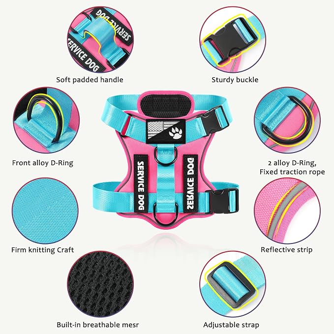 Service Dog Harness, Reflective Dog Vest Harness with 5 PCS Patches, Adjustable Soft Oxford Pet Harness, Inner Layer Mesh, Easy to Control for Small Medium Large Dogs