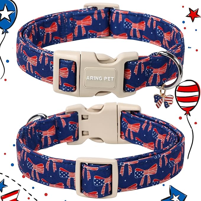 ARING PET 4th of July Collars for Dogs, Fourth of July Patriotic Bow Flag Red Blue Dog Collar for Puppy Small Medium Large Boy Girl Doggy-S