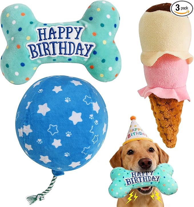 Prime Pets Dog Birthday Toys, 3 Pack, Crinkle Squeaky Dog Toys, Pet Toys for Small Medium Large Dogs, Stuffed Puppy Chew Toys, Dog Gift Toys