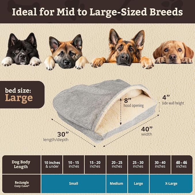 Snoozer Rectangle Cozy Cave Dog Bed - Indoor Dog Bed with Cover Cave, Covered Calming Burrow for Medium & Large Sized Pets with Blanket Attached, Enclosed, Washable Cover - Large, Palmer Dove