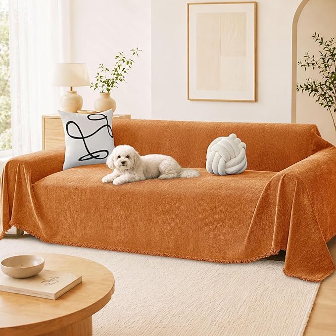 hyha Couch Cover for Dogs, Boho Sofa Covers for 3 Cushion Couch Washable, Chenille Sofa Slipcover for Pets, Soft Loveseat Sectional Couch Throw Blankets with Tassels (Orange, 88.5x118 Inch)