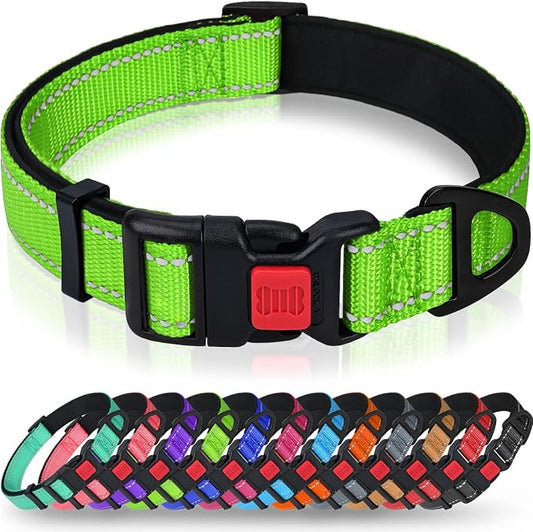 Taglory Reflective Dog Collar for Extra Large Dogs, Soft Neoprene Padded with Escape-Proof Locking Buckle, Upgraded Zinc Alloy Ring, Adjustable for Daily Walking, Green,XL