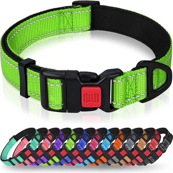 Taglory Reflective Dog Collar for Medium Dogs, Soft Neoprene Padded with Escape-Proof Locking Buckle, Upgraded Zinc Alloy Ring, Adjustable for Walking Female Male, Green,M