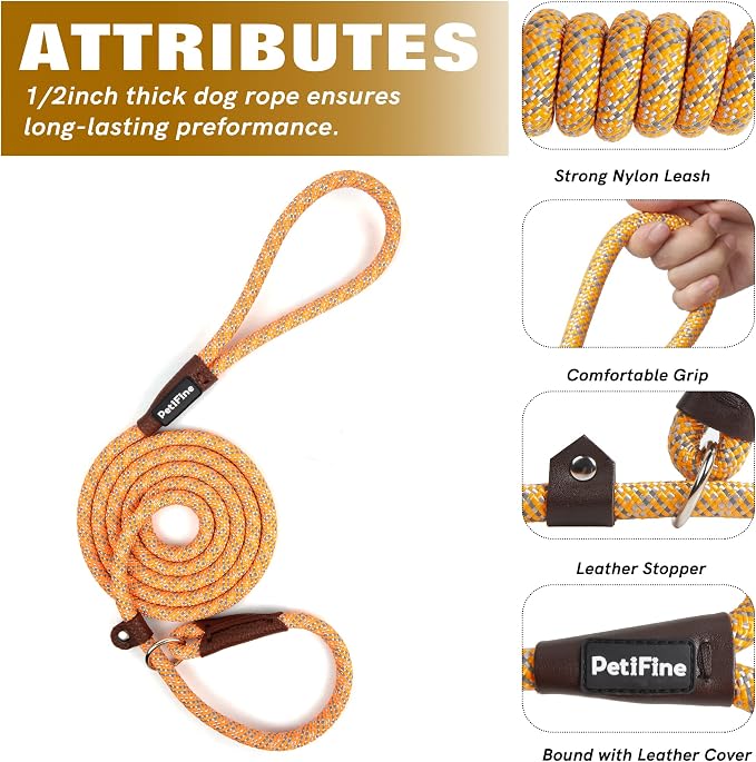 PetiFine Slip Lead, 6FT x 3/8" Reflective Dog Leash, Heavy Duty Adjustable Nylon Dog Rope Leash for Small to Large Dogs (Orange)