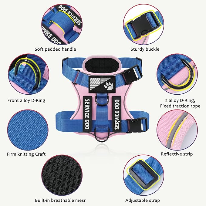 Service Dog Harness, Reflective Dog Vest Harness with 5 PCS Patches, Adjustable Soft Oxford Pet Harness, Inner Layer Mesh, Easy to Control for Small Medium Large Dogs
