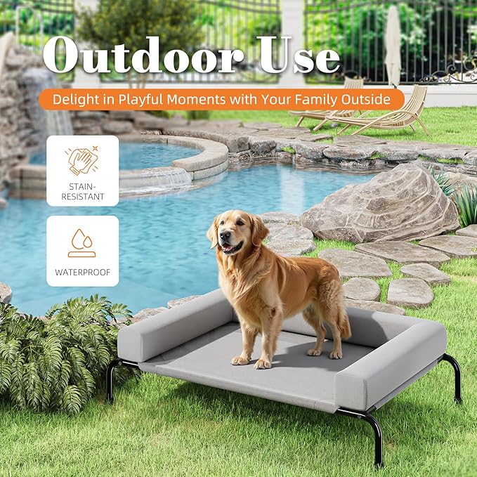 Simple Trending Elevated Dog Bed for Large Dogs, Cooling Raised Dog Cot with Bolsters, Breathable Pet Bed for Outdoor, 47.75" x 31", Grey