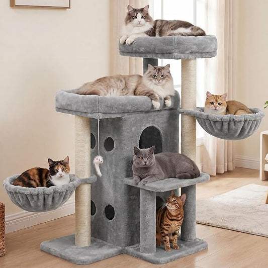 Heybly Cat Tree with Reinforced Big Base, 41.3-Inch Sturdy Cat Tower for Indoor Cats Featuring 2 Roomy Platforms, Double Cat Condo, 2 Cozy Baskets, Full Sisal Scratching Posts, Light Gray HCT075W