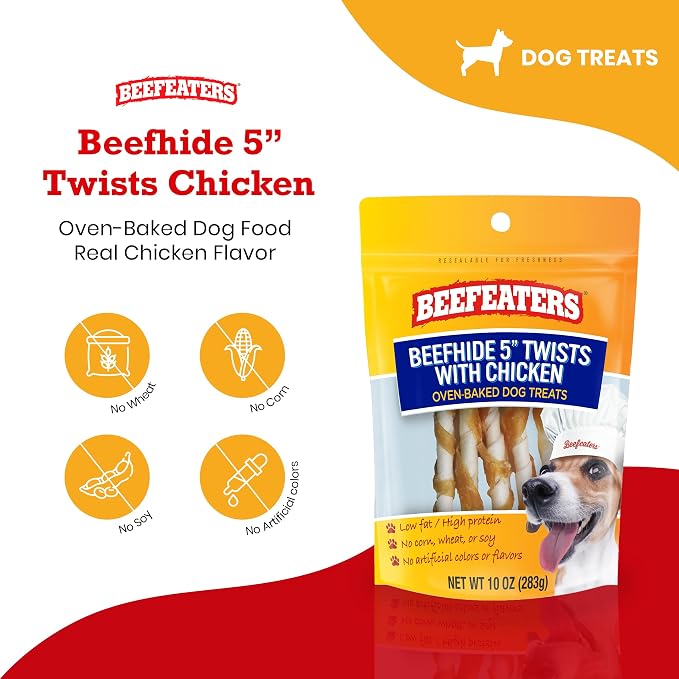 Beefeaters Beefhide 5in Twist Sticks with Real Chicken 10oz - Dog Rawhide Chews for Clean Teeth & Training, High Protein Dog Treat Chews, Chicken Wrapped Rawhide Sticks, No Artificial Colors or Flavor