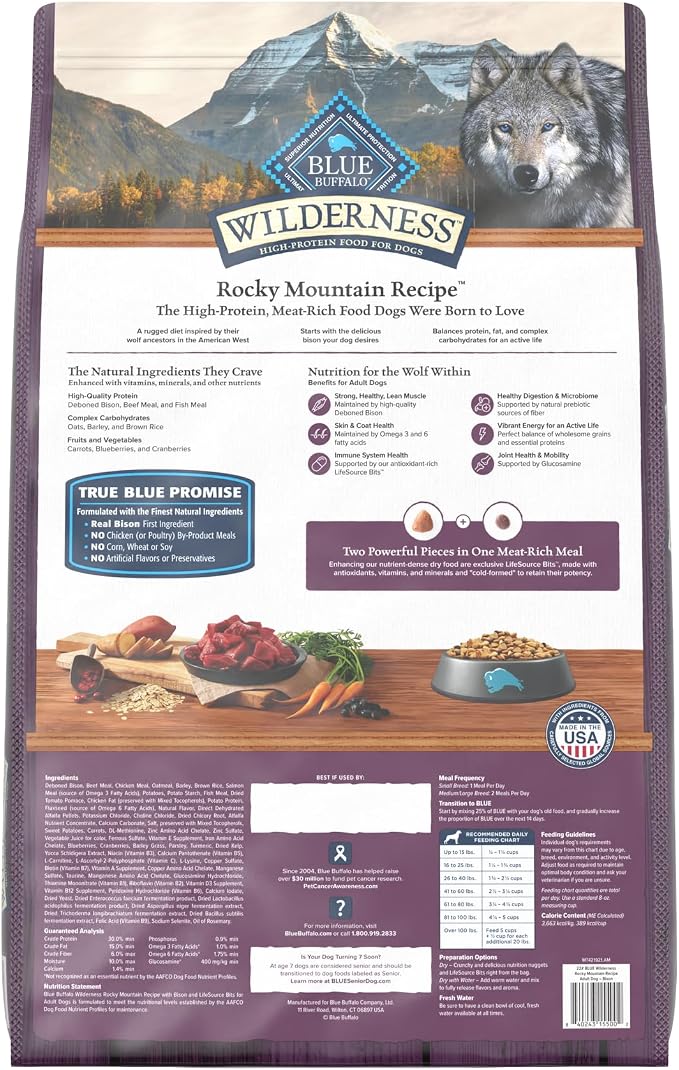 Blue Buffalo Wilderness Rocky Mountain Recipe with Bison High Protein & Wholesome Grains Dry Dog Food for Adult Dogs, 30% Protein, Supports Immunity with Antioxidant-Rich LifeSource Bits, 22 lbs.