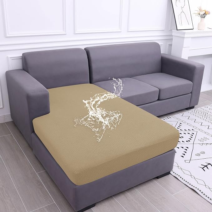 hyha Waterproof Couch Cushion Covers, Sectional Sofa Cushion Slipcovers L Shape, Thick Stretch Jacquard Fabric, Washable Chaise Lounge Cover with Elastic Bottom (1 Piece for Chaise, Sand)