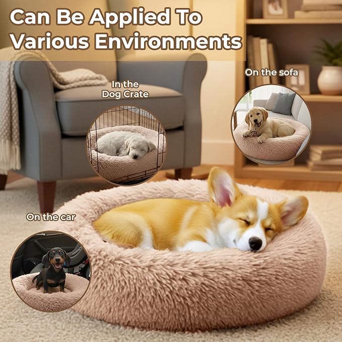 Calming Large Donut Dog and Cat Bed, Anti-Anxiety Round Soft Fluffy Plush Faux Fur Washable Anti-Slip Pet Bed for Medium Dogs Up to 35 lbs 28in (Camel)