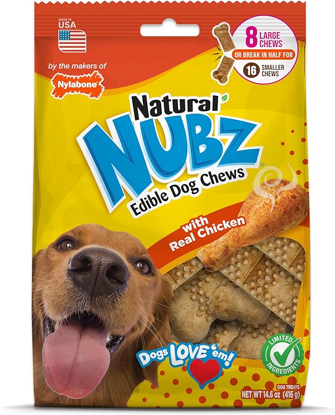 Nylabone Nubz Natural Dog Chew Treats for Large Dogs, Long Lasting Dog Chew Bones Made in the USA, Chicken Flavor Breath Freshener Dental Chews, Large Dog Bones for Dogs Over 30 lbs. (8 Count)