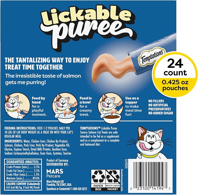 Temptations Creamy Puree Squeezable Lickable Cat Treats, Wet Cat Treats with Salmon, 0.42 oz. Tubes, 24 Count - Packaging May Vary