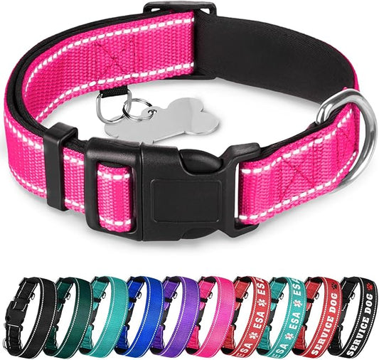 TECEUM Reflective Dog Collar – Hot Pink – L – Extra Soft Padding – Basic Nylon Pet Collar – Quick Release Buckle – Fits Small, Medium and Large Dogs, Puppies, Cats – ESA & Service Dog Options