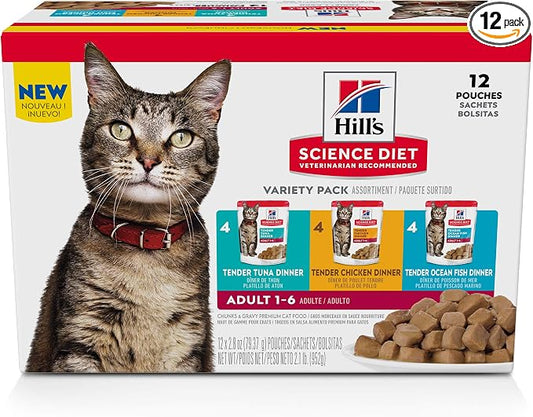 Hill's Science Diet Adult 1-6 Wet Cat Food Variety Pack, Chicken, Tuna, & Ocean Fish, 2.8 oz. Pouches, 12-Pack