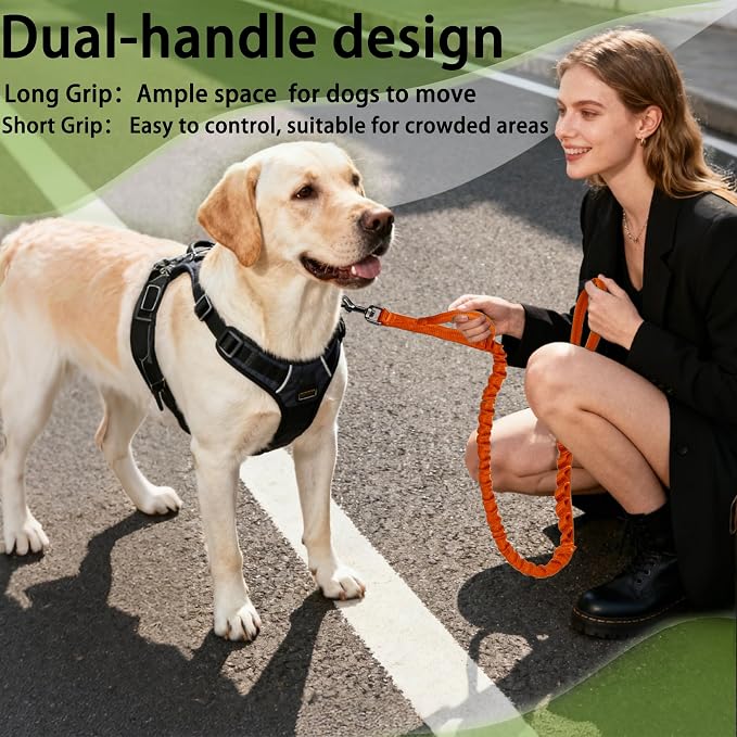FOVRLZSE Reflective Bungee Dog Leash(Orange) - 4FT to 5FT Adjustable Shock Absorbing Leash with Double Padded Handle & 360° No Tangle Metal Clasp for Small Medium Large Dogs