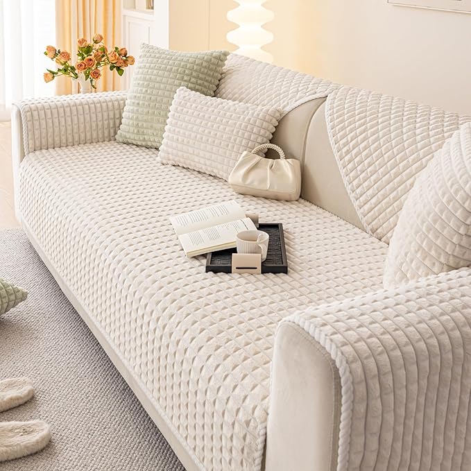 Velvet Couch Cover Sectional, Funny Fuzzy Pet Couch Covers for Loveseat, Plush Warm Sofa Covers for Pets Washable, Non-Slip Couchs Cover for Pets & Kids(1PC, Beige White, 35.4"×63")