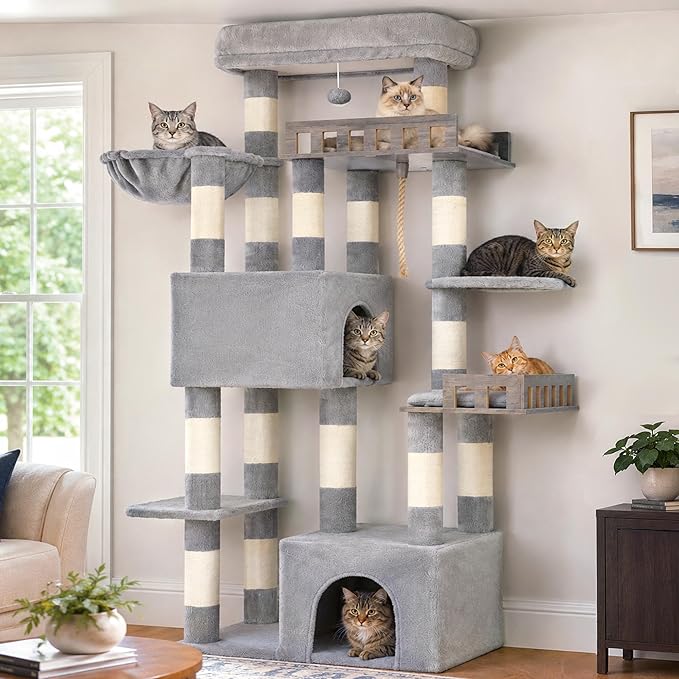 Gitelsnour Maine Coon Cat Tree, Heavy Duty Cat Tree for Indoor Cats Large Adult, Cat Tower for Large Cats 20 lbs+ with Hammock, 2 Big Perches, 2 Cat Condos, 15 Scratching Posts, Light Gray GCT033W