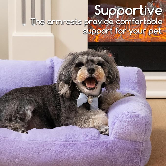 Hollypet Fluffy Dog Cat Bed Pet Couch Beds Plush Soft Warming Washable Puppy Bed for Small Medium Dogs and Large Cats, Light Purple, 24" L x 18" W x 10" Th