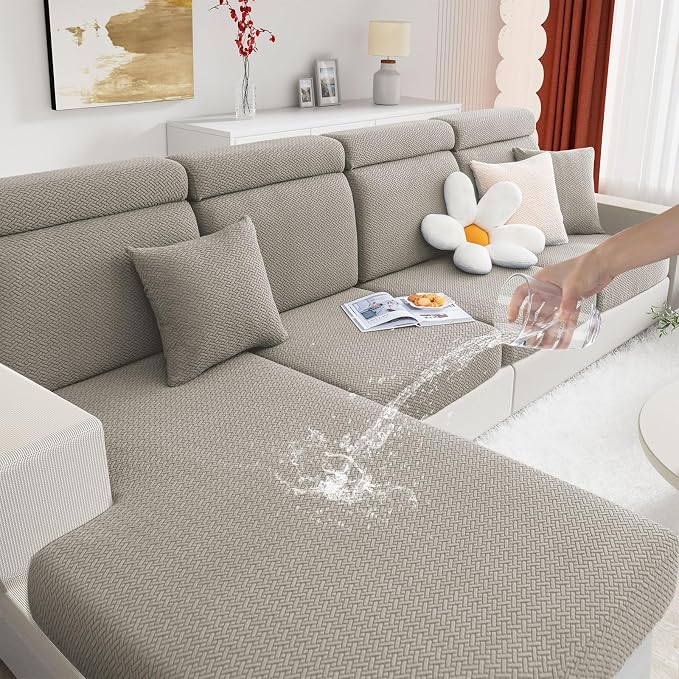 hyha Waterproof Couch Cushion Covers, Wear Resistant Couch Cover, Anti Slip Sofa Slipcovers Washable, Soft Thick Jacquard Furniture Protector for Pets Dog (1 Piece for Backrest L, Taupe)