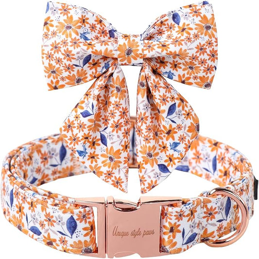 Unique Style Paws Autumn Leaf Collar with Bowtie Blue Leaf Flower Cotton Dog Collars for Small Medium Large Dogs