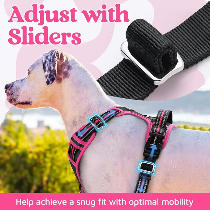 rabbitgoo Dog Harness for Large Dogs, 3 Buckles Easy On & Off No Pull Pet Vest, Soft Padded Walking Pet Harness with Control Handle, Adjustable and Reflective, Black & Rose Pink, XL