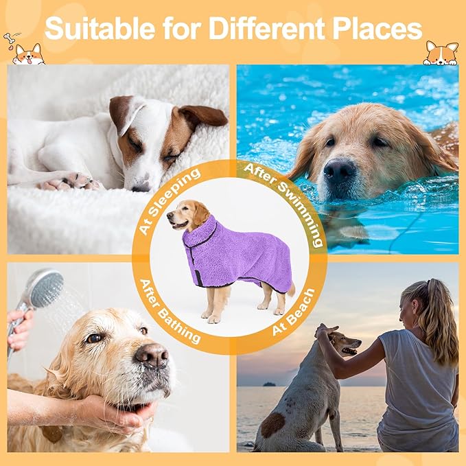 Bienbee Dog Bathrobe, Quick Drying Super Absorbent Pet Robes for Small Medium Large Dogs, Drying Coat for After Bath & Swim, Warm & Cozy Dogs Towels, Dog Puppy Bath Supplies, Ligh Purple L
