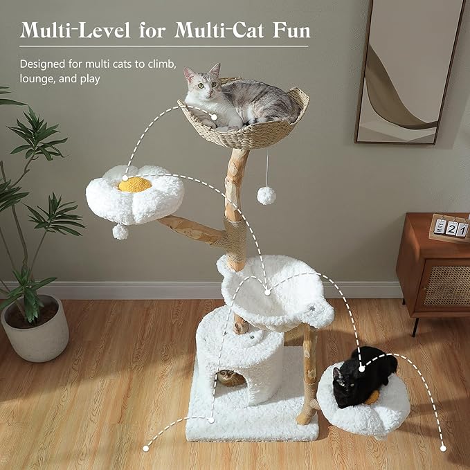 MUTTROS 59" Modern Cat Tree Tower for Large Cats w/2 Flower Perches-Natural Solid Wood Scratching Post with Real Branch-Luxury Boho Cat Furniture w/Condo & Wicker Basket Bed, Cloud White