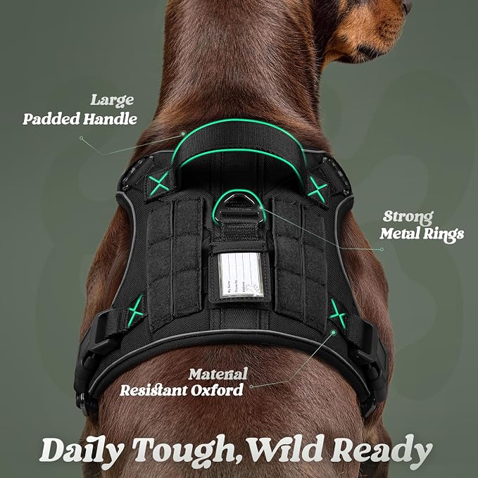 rabbitgoo Dog Harness for Large Dogs No Pull, Tactical Service Pet Vest with Molle and Control Handle, Adjustable and Reflective Military Harness for Easy Walking and Training, Black, L