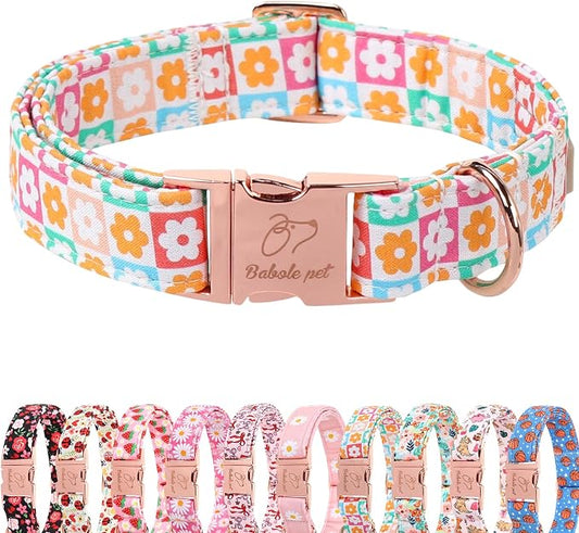 Spring Dog Collar, Pastel Checkered Flowers Pet Collar with Metal Buckle, Durable Adjustable Designer Dog Collars for Small Medium Large Dogs M