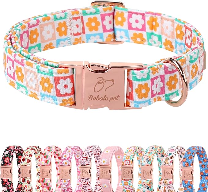 Spring Dog Collar, Pastel Checkered Flowers Pet Collar with Metal Buckle, Durable Adjustable Designer Dog Collars for Small Medium Large Dogs XS