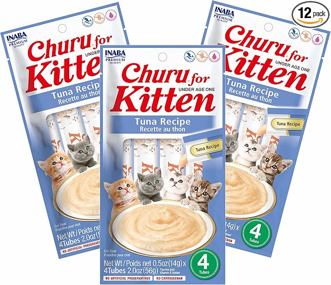 INABA Churu for Kittens, Grain-Free Creamy, Purée Lickable Cat Treats with DHA, EPA, Vitamin E & Taurine, 0.5 Ounces Each, 12 Tubes (4 per Pack), Tuna Recipe