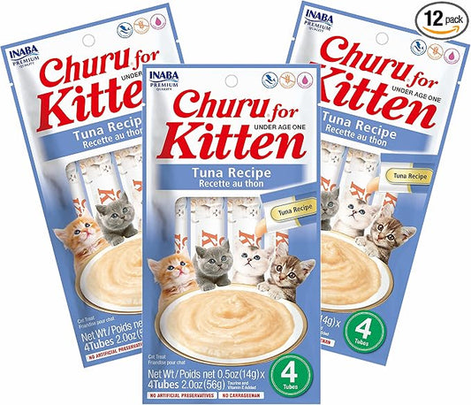 INABA Churu for Kittens, Grain-Free Creamy, Purée Lickable Cat Treats with DHA, EPA, Vitamin E & Taurine, 0.5 Ounces Each, 12 Tubes (4 per Pack), Tuna Recipe